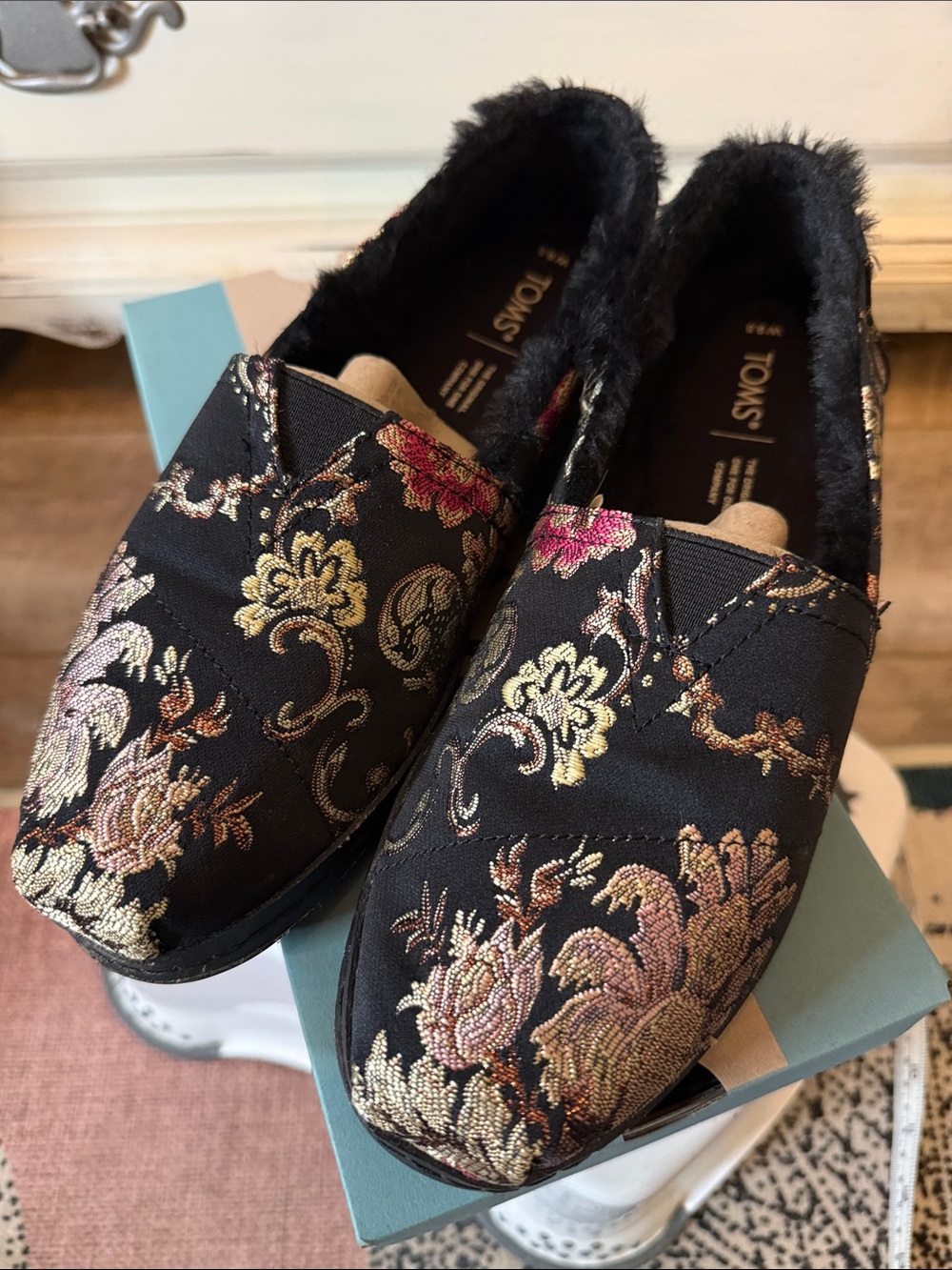 TOMS Black Brocade Floral Slip-On Shoes